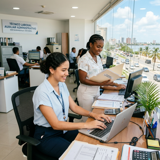 Estudiantes del programa técnico en auxiliar administrativo trabajando con computadores y documentos en oficina