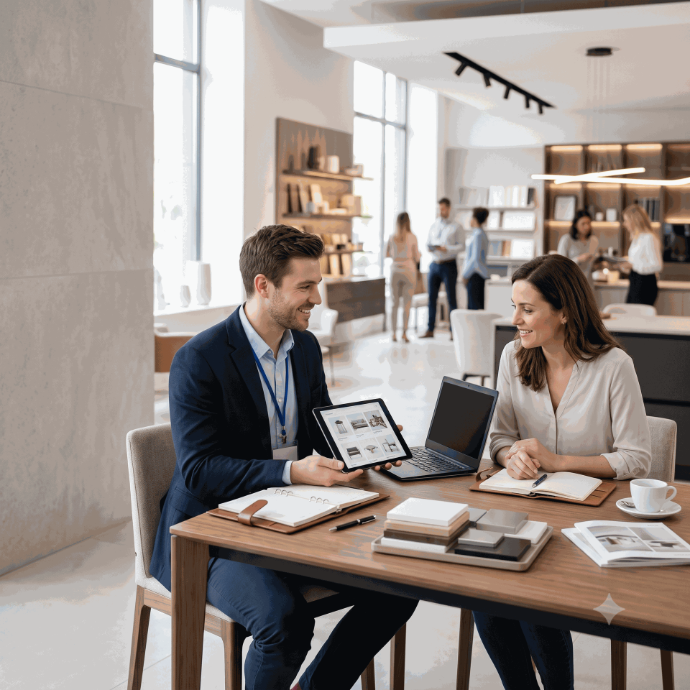 Agente de ventas de Alitic asesorando a una cliente con catálogo digital y computador en reunión comercial