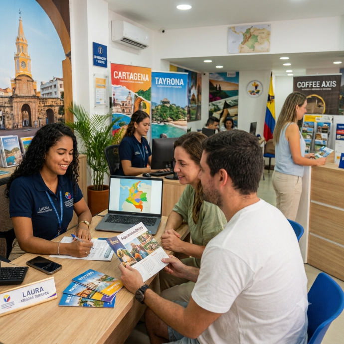Agente de viajes de Alitic asesorando a clientes con folletos turísticos de Colombia en agencia de viajes