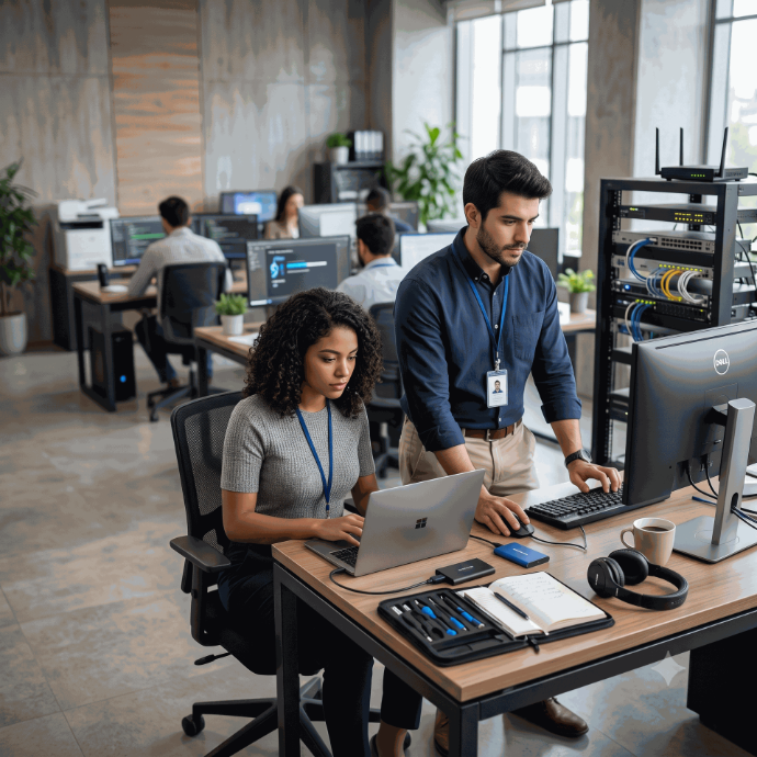 Técnicos informáticos de Alitic realizando instalación y actualización de software en oficina tecnológica